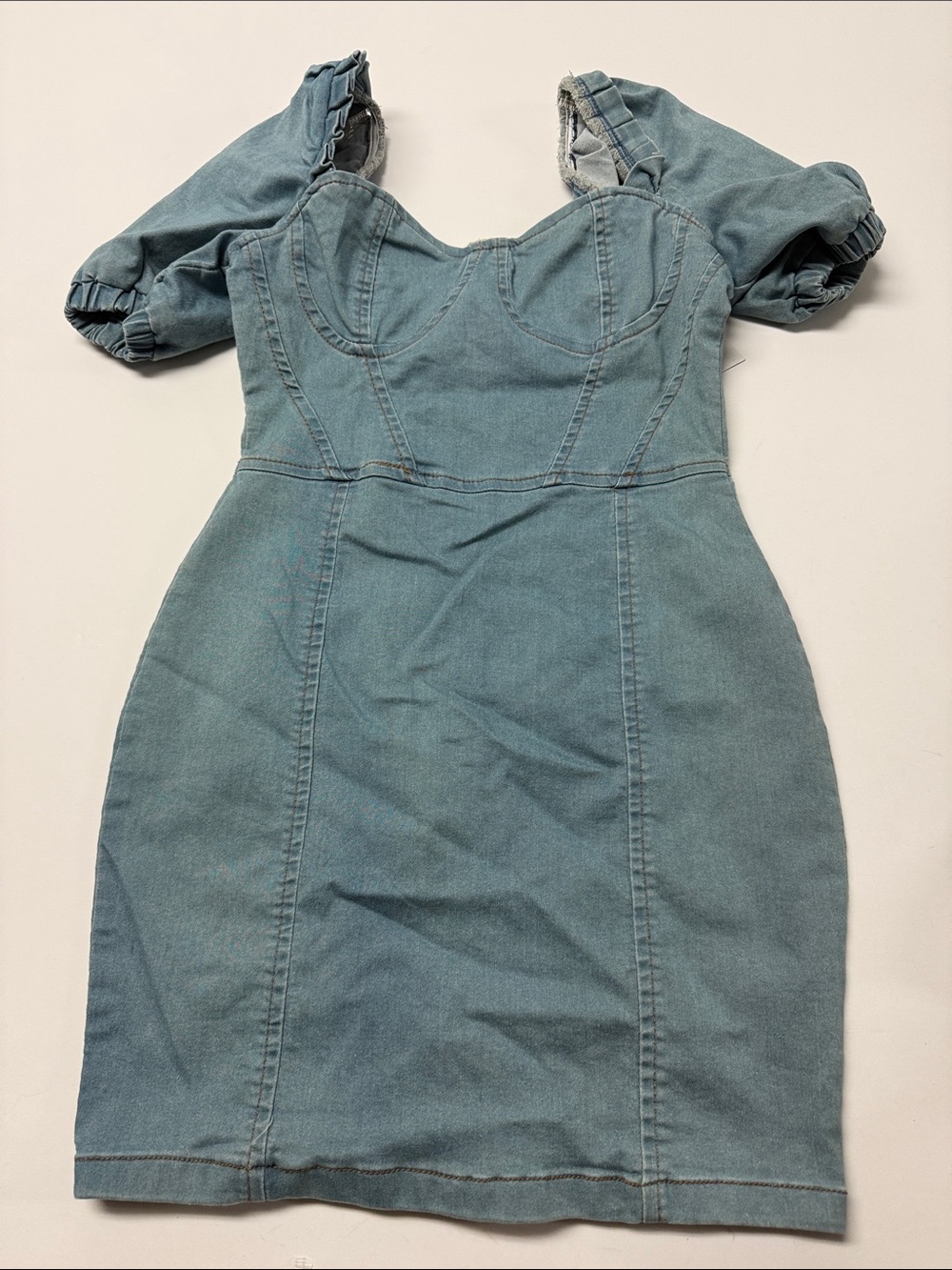 Parisian Works Denim Puff-Sleeve Sheath Dress in Blue